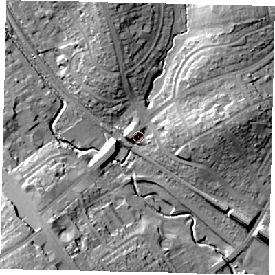 Shaded relief map of the ground around HA80EL, computed from Environment Agency LiDAR. The ground here sits at about 49 m above sea level and falls 20 m across the surrounding 800 m. Surface water reaching this point runs off ground lying to the north-east, 12.6 m higher.