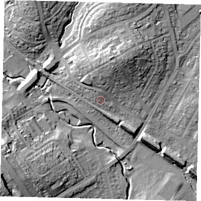 Shaded relief map of the ground around HA80EP, computed from Environment Agency LiDAR. The ground here sits at about 51 m above sea level and falls 20 m across the surrounding 800 m. Surface water reaching this point runs off ground lying to the north, 2.5 m higher.