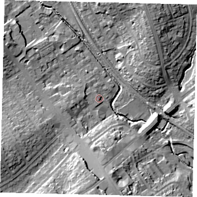 Shaded relief map of the ground around HA80FA, computed from Environment Agency LiDAR. The ground here sits at about 48 m above sea level and falls 18 m across the surrounding 800 m. Surface water reaching this point runs off ground lying to the south, 17.2 m higher.