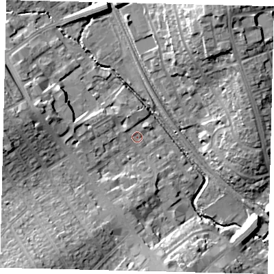 Shaded relief map of the ground around HA80FF, computed from Environment Agency LiDAR. The ground here sits at about 48 m above sea level and falls 20 m across the surrounding 800 m. Surface water reaching this point runs off ground lying to the west, 4.8 m higher.