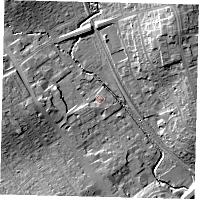 Shaded relief map of the ground around HA80FJ, computed from Environment Agency LiDAR. The ground here sits at about 49 m above sea level and falls 19 m across the surrounding 800 m. Surface water reaching this point runs off ground lying to the south-west, 3.5 m higher.