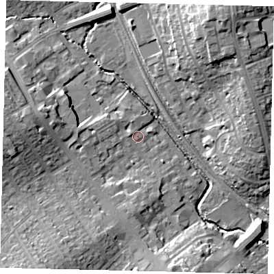 Shaded relief map of the ground around HA80FR, computed from Environment Agency LiDAR. The ground here sits at about 48 m above sea level and falls 20 m across the surrounding 800 m. Surface water reaching this point runs off ground lying to the west, 4.1 m higher.