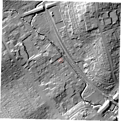 Shaded relief map of the ground around HA80FS, computed from Environment Agency LiDAR. The ground here sits at about 48 m above sea level and falls 20 m across the surrounding 800 m. Surface water reaching this point runs off ground lying to the south-west, 14.9 m higher.