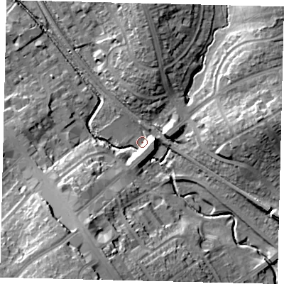 Shaded relief map of the ground around HA80FU, computed from Environment Agency LiDAR. The ground here sits at about 46 m above sea level and falls 20 m across the surrounding 800 m. Surface water reaching this point runs off ground lying to the south-south-west, 15.3 m higher.