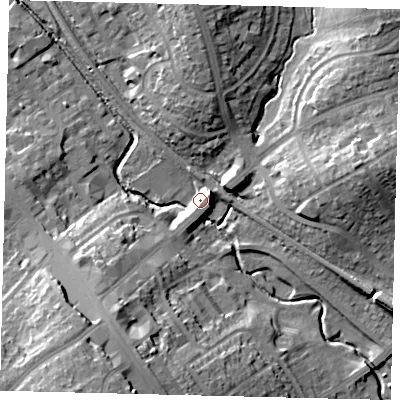 Shaded relief map of the ground around HA80LA, computed from Environment Agency LiDAR. The ground here sits at about 49 m above sea level and falls 20 m across the surrounding 800 m. Surface water reaching this point runs off ground lying to the north-east, 14.1 m higher.
