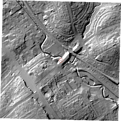 Shaded relief map of the ground around HA80LD, computed from Environment Agency LiDAR. The ground here sits at about 48 m above sea level and falls 21 m across the surrounding 800 m. Surface water reaching this point runs off ground lying to the south-south-west, 15.0 m higher.