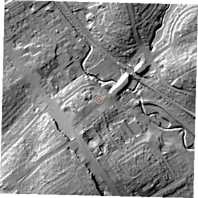 Shaded relief map of the ground around HA80LF, computed from Environment Agency LiDAR. The ground here sits at about 50 m above sea level and falls 21 m across the surrounding 800 m. Surface water reaching this point runs off ground lying to the south, 10.0 m higher.