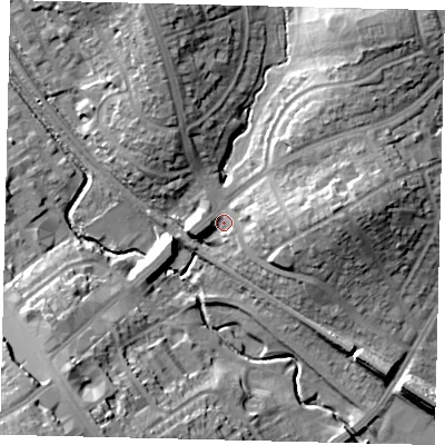 Shaded relief map of the ground around HA80LN, computed from Environment Agency LiDAR. The ground here sits at about 48 m above sea level and falls 19 m across the surrounding 800 m. Surface water reaching this point runs off ground lying to the north-east, 12.4 m higher.