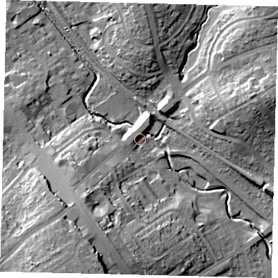 Shaded relief map of the ground around HA80LU, computed from Environment Agency LiDAR. The ground here sits at about 47 m above sea level and falls 21 m across the surrounding 800 m. Surface water reaching this point runs off ground lying to the south-west, 12.5 m higher.