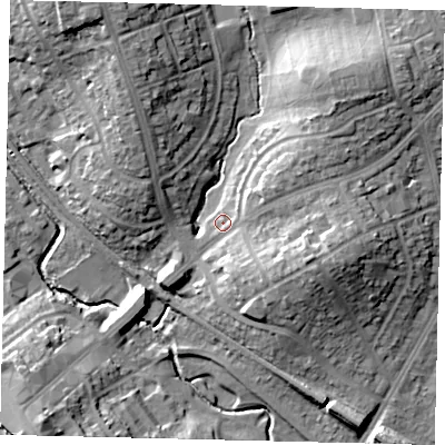 Shaded relief map of the ground around HA80LX, computed from Environment Agency LiDAR. The ground here sits at about 49 m above sea level and falls 18 m across the surrounding 800 m. Surface water reaching this point runs off ground lying to the north-north-west, 14.4 m higher.