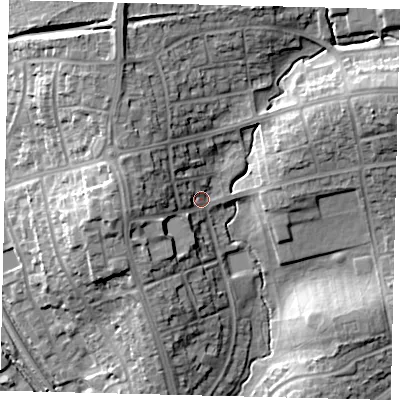 Shaded relief map of the ground around HA80QT, computed from Environment Agency LiDAR. The ground here sits at about 55 m above sea level and falls 19 m across the surrounding 800 m. Surface water reaching this point runs off ground lying to the west, 9.3 m higher.