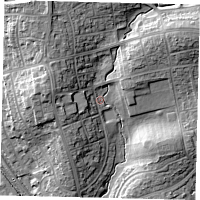 Shaded relief map of the ground around HA80RB, computed from Environment Agency LiDAR. The ground here sits at about 53 m above sea level and falls 19 m across the surrounding 800 m. Surface water reaching this point runs off ground lying to the north-north-west, 12.2 m higher.