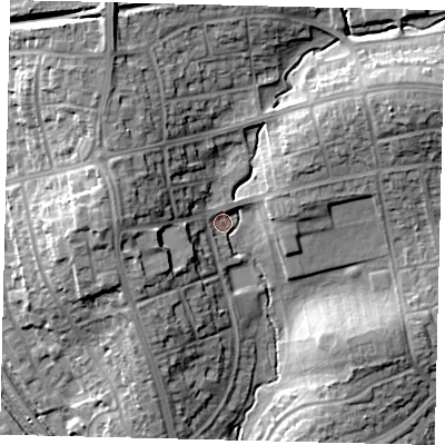 Shaded relief map of the ground around HA80RD, computed from Environment Agency LiDAR. The ground here sits at about 53 m above sea level and falls 19 m across the surrounding 800 m. Surface water reaching this point runs off ground lying to the north-north-west, 12.2 m higher.