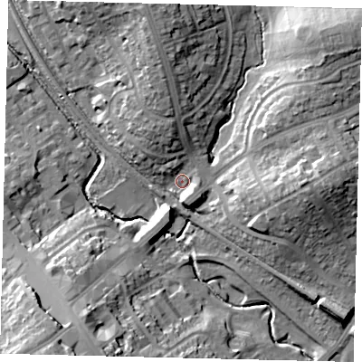 Shaded relief map of the ground around HA80SP, computed from Environment Agency LiDAR. The ground here sits at about 48 m above sea level and falls 19 m across the surrounding 800 m. Surface water reaching this point runs off ground lying to the north-north-west, 12.2 m higher.