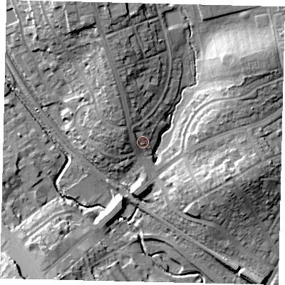Shaded relief map of the ground around HA80SZ, computed from Environment Agency LiDAR. The ground here sits at about 51 m above sea level and falls 19 m across the surrounding 800 m. Surface water reaching this point runs off ground lying to the north-west, 3.9 m higher.