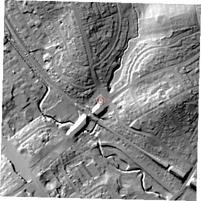 Shaded relief map of the ground around HA80UB, computed from Environment Agency LiDAR. The ground here sits at about 49 m above sea level and falls 19 m across the surrounding 800 m. Surface water reaching this point runs off ground lying to the north-north-west, 8.0 m higher.