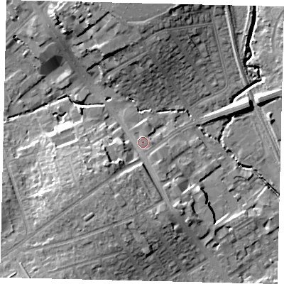 Shaded relief map of the ground around HA85AN, computed from Environment Agency LiDAR. The ground here sits at about 52 m above sea level and falls 16 m across the surrounding 800 m. Surface water reaching this point runs off ground lying to the south-west, 8.4 m higher.