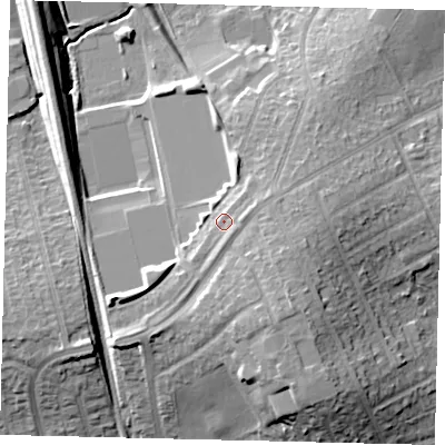 Shaded relief map of the ground around HA86AG, computed from Environment Agency LiDAR. The ground here sits at about 65 m above sea level and falls 16 m across the surrounding 800 m. Surface water reaching this point runs off ground lying to the east-north-east, 1.6 m higher.