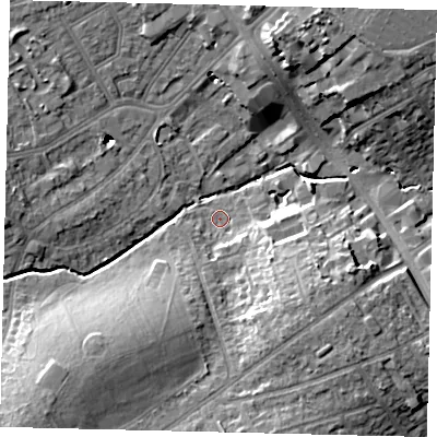 Shaded relief map of the ground around HA86HA, computed from Environment Agency LiDAR. The ground here sits at about 51 m above sea level and falls 15 m across the surrounding 800 m. Surface water reaching this point runs off ground lying to the south-west, 11.0 m higher.
