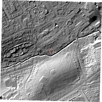 Shaded relief map of the ground around HA86HL, computed from Environment Agency LiDAR. The ground here sits at about 53 m above sea level and falls 16 m across the surrounding 800 m. Surface water reaching this point runs off ground lying to the north-west, 2.6 m higher.