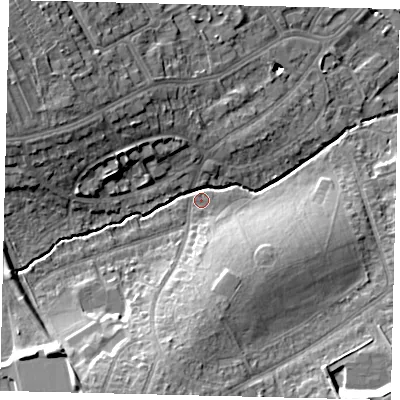 Shaded relief map of the ground around HA86HX, computed from Environment Agency LiDAR. The ground here sits at about 53 m above sea level and falls 17 m across the surrounding 800 m. Surface water reaching this point runs off ground lying to the south-south-west, 13.5 m higher.