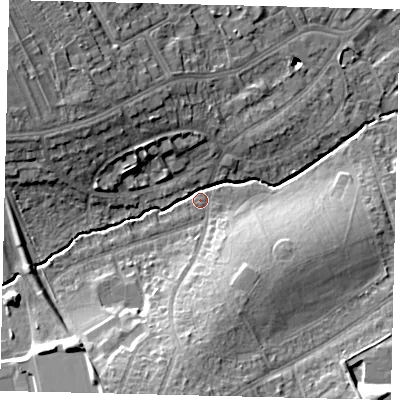 Shaded relief map of the ground around HA86HY, computed from Environment Agency LiDAR. The ground here sits at about 54 m above sea level and falls 18 m across the surrounding 800 m. Surface water reaching this point runs off ground lying to the north-west, 13.2 m higher.