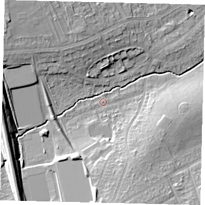 Shaded relief map of the ground around HA86HZ, computed from Environment Agency LiDAR. The ground here sits at about 54 m above sea level and falls 20 m across the surrounding 800 m. Surface water reaching this point runs off ground lying to the south, 12.5 m higher.