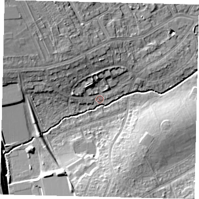Shaded relief map of the ground around HA86NA, computed from Environment Agency LiDAR. The ground here sits at about 54 m above sea level and falls 19 m across the surrounding 800 m. Surface water reaching this point runs off ground lying to the north-west, 13.7 m higher.