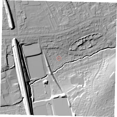 Shaded relief map of the ground around HA86NB, computed from Environment Agency LiDAR. The ground here sits at about 56 m above sea level and falls 20 m across the surrounding 800 m. Surface water reaching this point runs off ground lying to the north-north-west, 4.8 m higher.