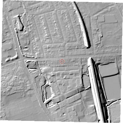 Shaded relief map of the ground around HA86QX, computed from Environment Agency LiDAR. The ground here sits at about 64 m above sea level and falls 16 m across the surrounding 800 m. Surface water reaching this point runs off ground lying to the north, 1.5 m higher.