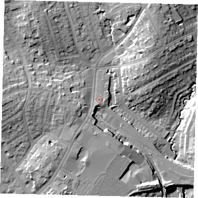 Shaded relief map of the ground around HA87AR, computed from Environment Agency LiDAR. The ground here sits at about 56 m above sea level and falls 17 m across the surrounding 800 m. Surface water reaching this point runs off ground lying to the south-south-west, 4.2 m higher.