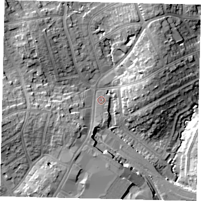 Shaded relief map of the ground around HA87AU, computed from Environment Agency LiDAR. The ground here sits at about 55 m above sea level and falls 16 m across the surrounding 800 m. Surface water reaching this point runs off ground lying to the south-south-west, 5.4 m higher.