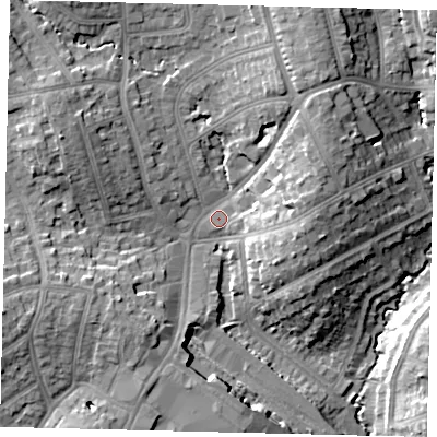 Shaded relief map of the ground around HA87AX, computed from Environment Agency LiDAR. The ground here sits at about 55 m above sea level and falls 16 m across the surrounding 800 m. Surface water reaching this point runs off ground lying to the north-north-east, 11.4 m higher.