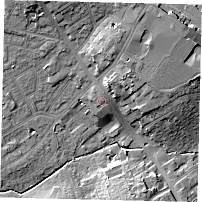 Shaded relief map of the ground around HA87DD, computed from Environment Agency LiDAR. The ground here sits at about 56 m above sea level and falls 16 m across the surrounding 800 m. Surface water reaching this point runs off ground lying to the north, 1.3 m higher.