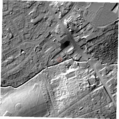 Shaded relief map of the ground around HA87EB, computed from Environment Agency LiDAR. The ground here sits at about 51 m above sea level and falls 14 m across the surrounding 800 m. Surface water reaching this point runs off ground lying to the south-west, 13.7 m higher.