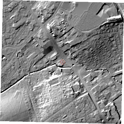 Shaded relief map of the ground around HA87EE, computed from Environment Agency LiDAR. The ground here sits at about 50 m above sea level and falls 15 m across the surrounding 800 m. Surface water reaching this point runs off ground lying to the north, 13.8 m higher.