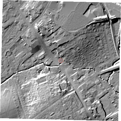 Shaded relief map of the ground around HA87EF, computed from Environment Agency LiDAR. The ground here sits at about 50 m above sea level and falls 16 m across the surrounding 800 m. Surface water reaching this point runs off ground lying to the north-north-west, 13.3 m higher.