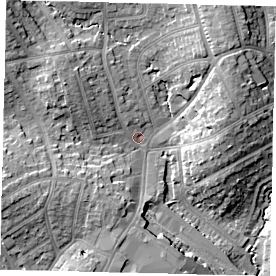 Shaded relief map of the ground around HA87FU, computed from Environment Agency LiDAR. The ground here sits at about 55 m above sea level and falls 17 m across the surrounding 800 m. Surface water reaching this point runs off ground lying to the north-west, 7.4 m higher.