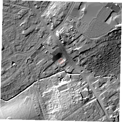 Shaded relief map of the ground around HA87FW, computed from Environment Agency LiDAR. The ground here sits at about 50 m above sea level and falls 14 m across the surrounding 800 m. Surface water reaching this point runs off ground lying to the north, 5.3 m higher.