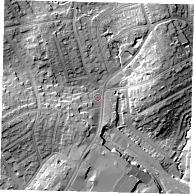 Shaded relief map of the ground around HA87JX, computed from Environment Agency LiDAR. The ground here sits at about 55 m above sea level and falls 17 m across the surrounding 800 m. Surface water reaching this point runs off ground lying to the south-west, 7.6 m higher.