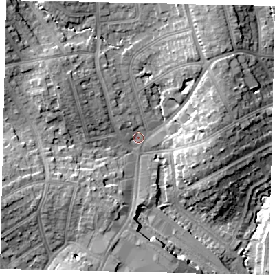 Shaded relief map of the ground around HA87JZ, computed from Environment Agency LiDAR. The ground here sits at about 55 m above sea level and falls 16 m across the surrounding 800 m. Surface water reaching this point runs off ground lying to the north-north-east, 11.4 m higher.