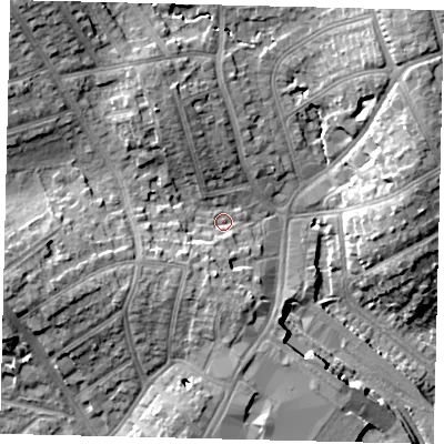 Shaded relief map of the ground around HA87LD, computed from Environment Agency LiDAR. The ground here sits at about 56 m above sea level and falls 16 m across the surrounding 800 m. Surface water reaching this point runs off ground lying to the north-west, 10.6 m higher.