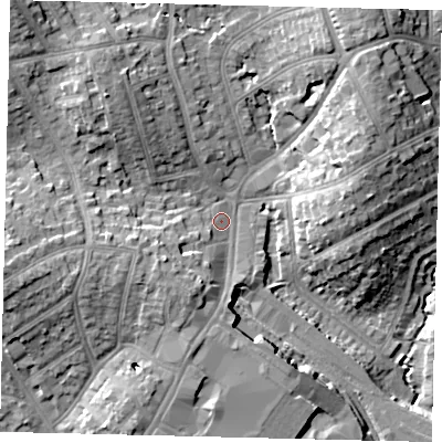 Shaded relief map of the ground around HA87LE, computed from Environment Agency LiDAR. The ground here sits at about 55 m above sea level and falls 17 m across the surrounding 800 m. Surface water reaching this point runs off ground lying to the south-west, 7.5 m higher.