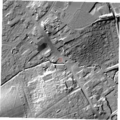Shaded relief map of the ground around HA87TA, computed from Environment Agency LiDAR. The ground here sits at about 50 m above sea level and falls 15 m across the surrounding 800 m. Surface water reaching this point runs off ground lying to the north, 12.9 m higher.