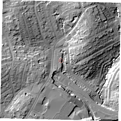 Shaded relief map of the ground around HA87YB, computed from Environment Agency LiDAR. The ground here sits at about 55 m above sea level and falls 16 m across the surrounding 800 m. Surface water reaching this point runs off ground lying to the south-south-west, 3.2 m higher.