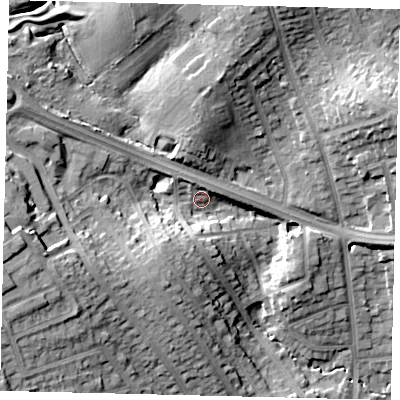 Shaded relief map of the ground around HA88BF, computed from Environment Agency LiDAR. The ground here sits at about 62 m above sea level and falls 20 m across the surrounding 800 m. Surface water reaching this point runs off ground lying to the west-south-west, 16.0 m higher.