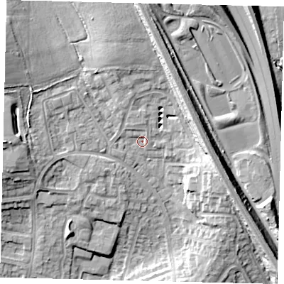 Shaded relief map of the ground around HA88FH, computed from Environment Agency LiDAR. The ground here sits at about 72 m above sea level and falls 15 m across the surrounding 800 m. Surface water reaching this point runs off ground lying to the north-west, 9.7 m higher.