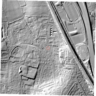 Shaded relief map of the ground around HA88FJ, computed from Environment Agency LiDAR. The ground here sits at about 71 m above sea level and falls 15 m across the surrounding 800 m. Surface water reaching this point runs off ground lying to the north-north-west, 5.9 m higher.