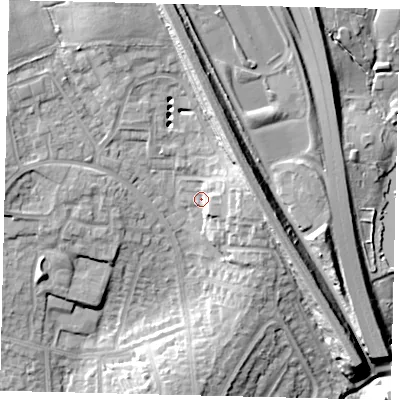 Shaded relief map of the ground around HA88FR, computed from Environment Agency LiDAR. The ground here sits at about 71 m above sea level and falls 18 m across the surrounding 800 m. Surface water reaching this point runs off ground lying to the east, 7.0 m higher.