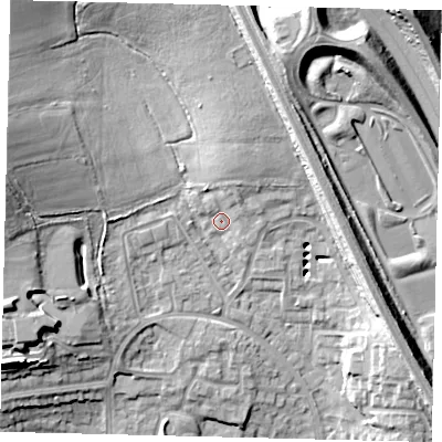 Shaded relief map of the ground around HA88FX, computed from Environment Agency LiDAR. The ground here sits at about 74 m above sea level and falls 18 m across the surrounding 800 m. Surface water reaching this point runs off ground lying to the north-north-east, 2.6 m higher.